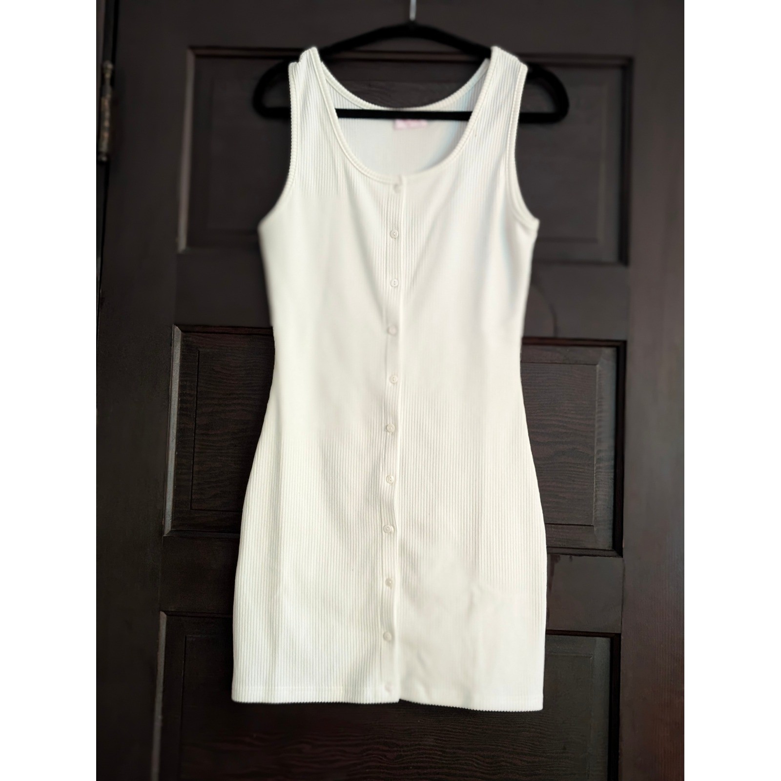 Pink Lily White Ribbed Button Front Sleeveless Mini Dress Medium