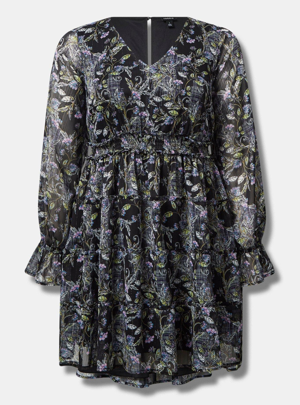 NWT $85 Torrid 1 Mini Lurex Chiffon Black Lined Tiered Ruffle Dress, 1X 14 16