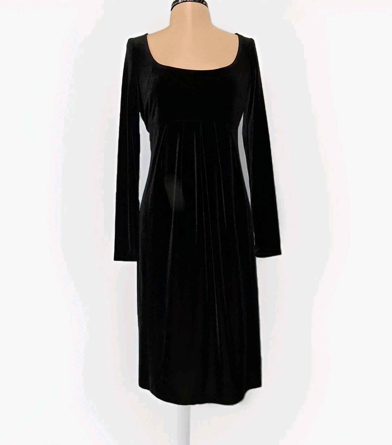 Jones New York Empire Waist Velvet Babydoll Dress 8 Black Boat Neck Long Sleeve