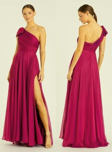 Mac Duggal Raspberry Pleated One Shoulder Chiffon Gown Size 12P $398