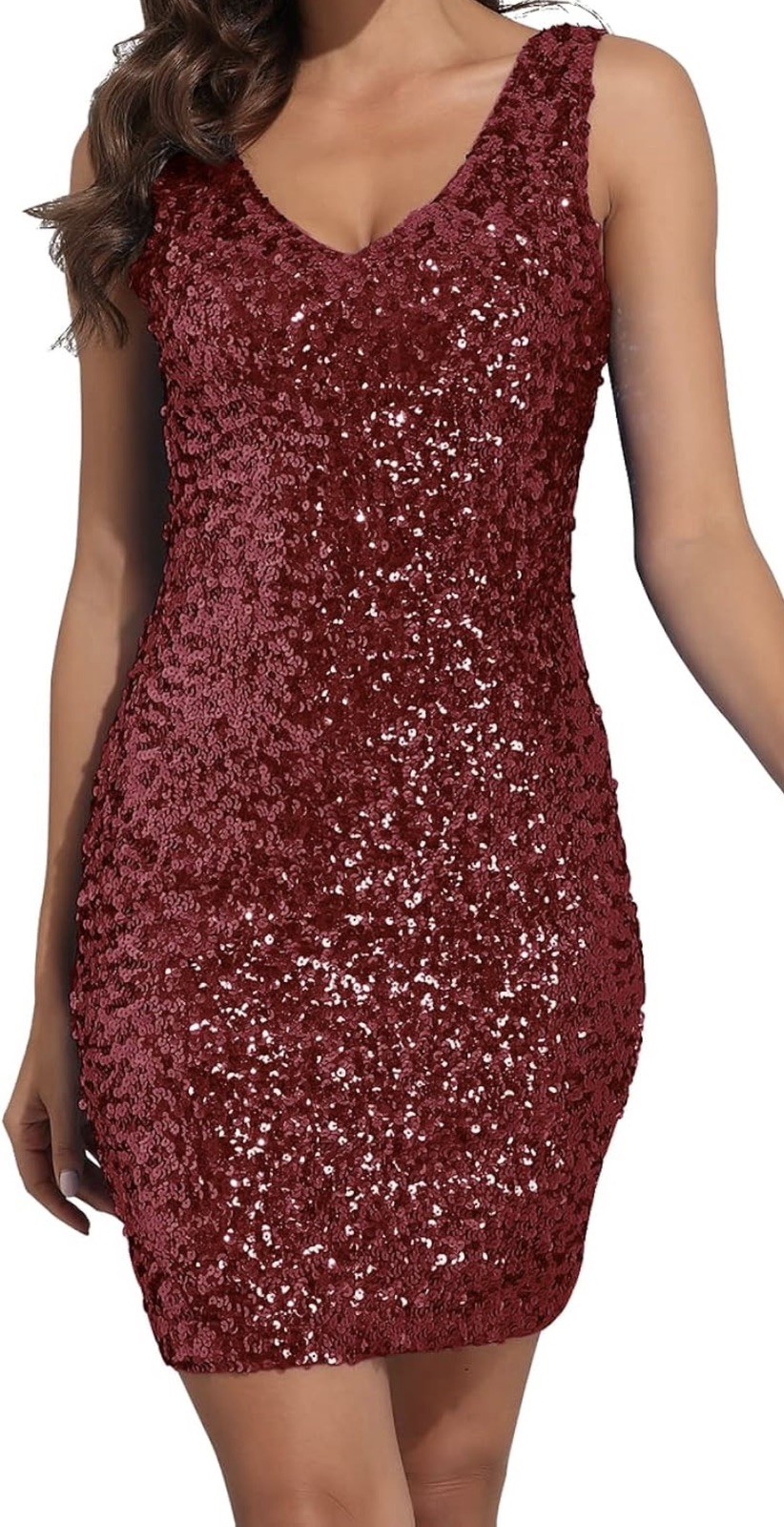 PrettyGuide Sequin Bodycon Dress Women S Burgundy Red V-Neck Mini Party Clubwear
