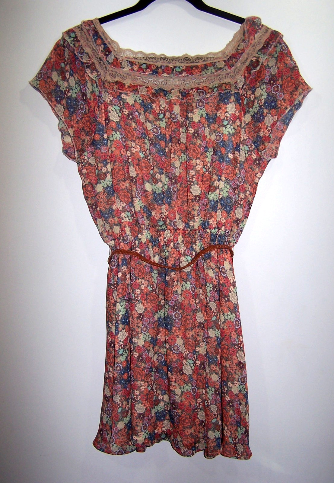 American Rag Cie – Multicolor Boho Lined Sheer Dress, Braided Belt – Size L