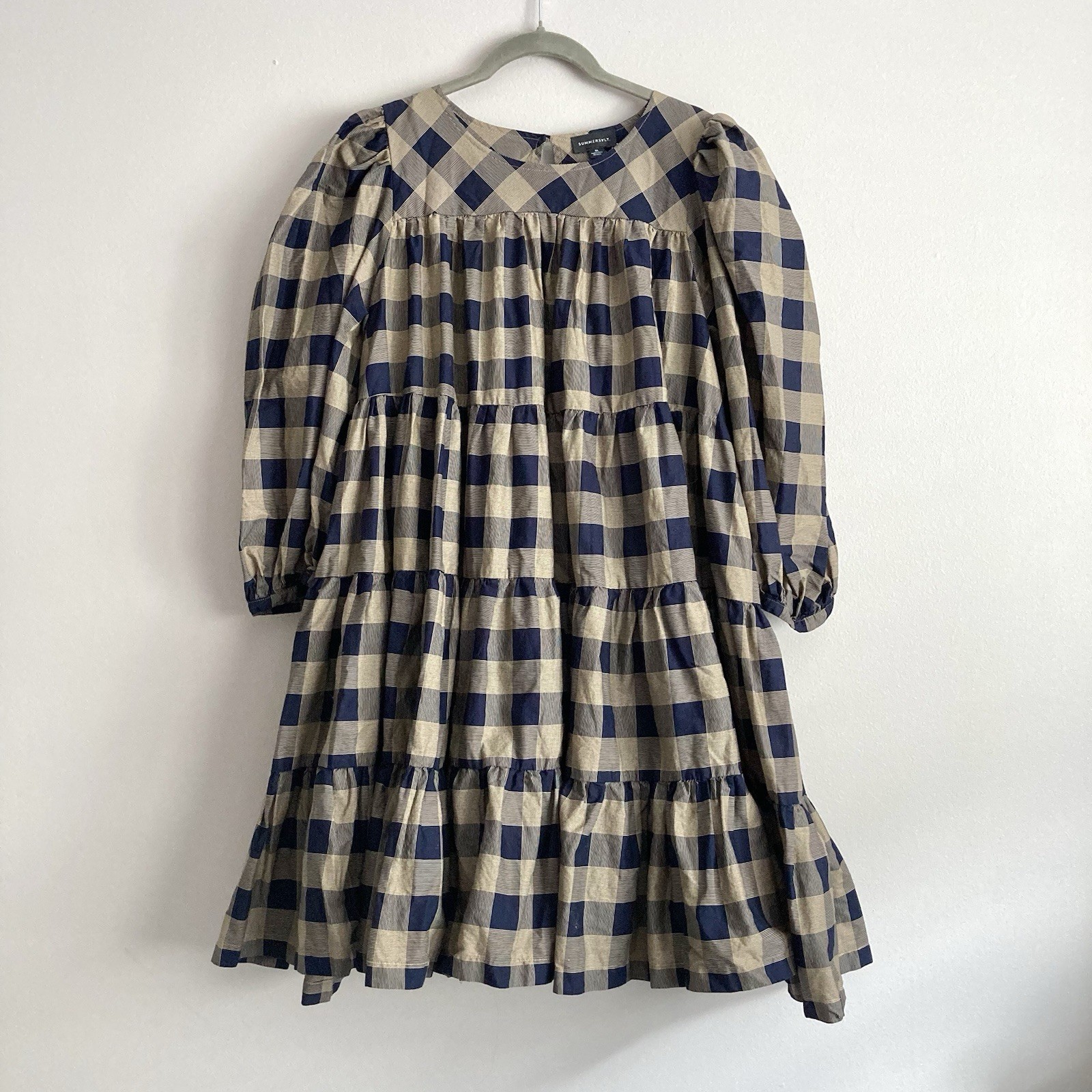 Summersalt Dress Womens Size XL Tan Navy Plaid Cotton Cottagecore Modest