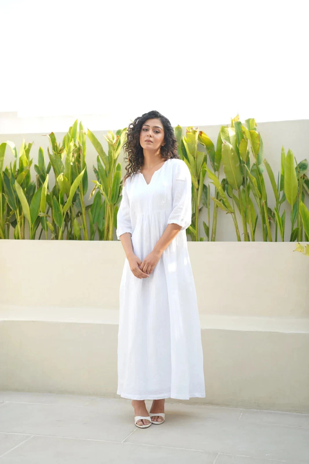 Long White Linen Maxi Dress, Ankle Length Dress Lined with Cotton, Maxi pocket