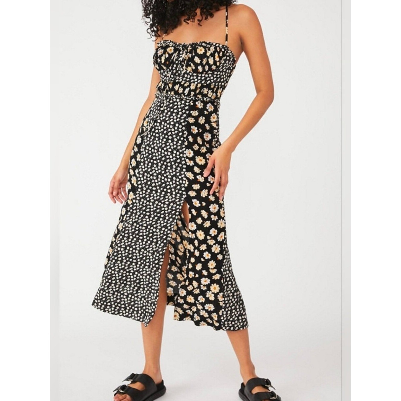 Free People Black Floral Daisey Midi Dress with Side Slit and Smocked Bodice XS