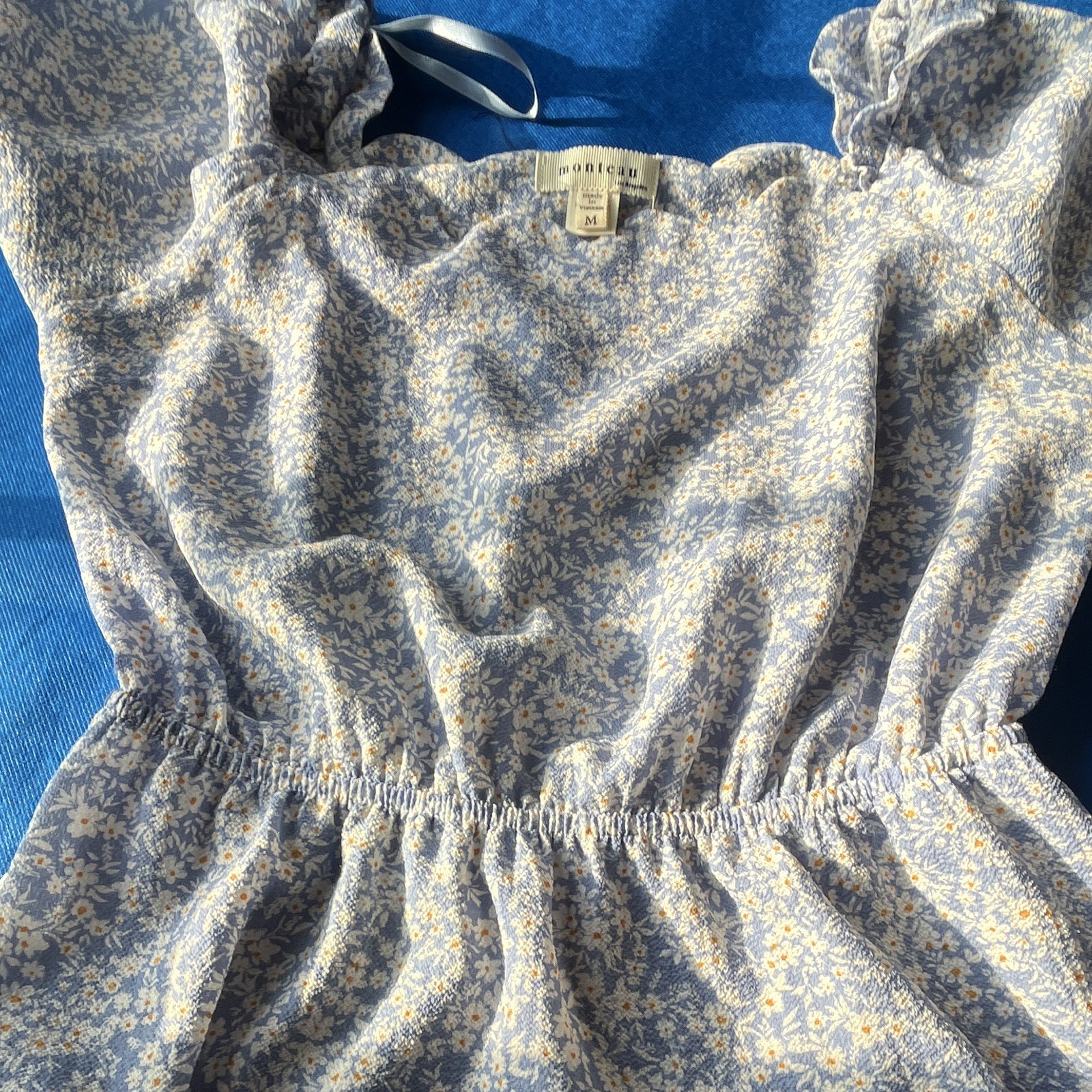 Monteau Blue White Floral Smocked Puff Sleeve Midi Dress Square Neck Cotton M