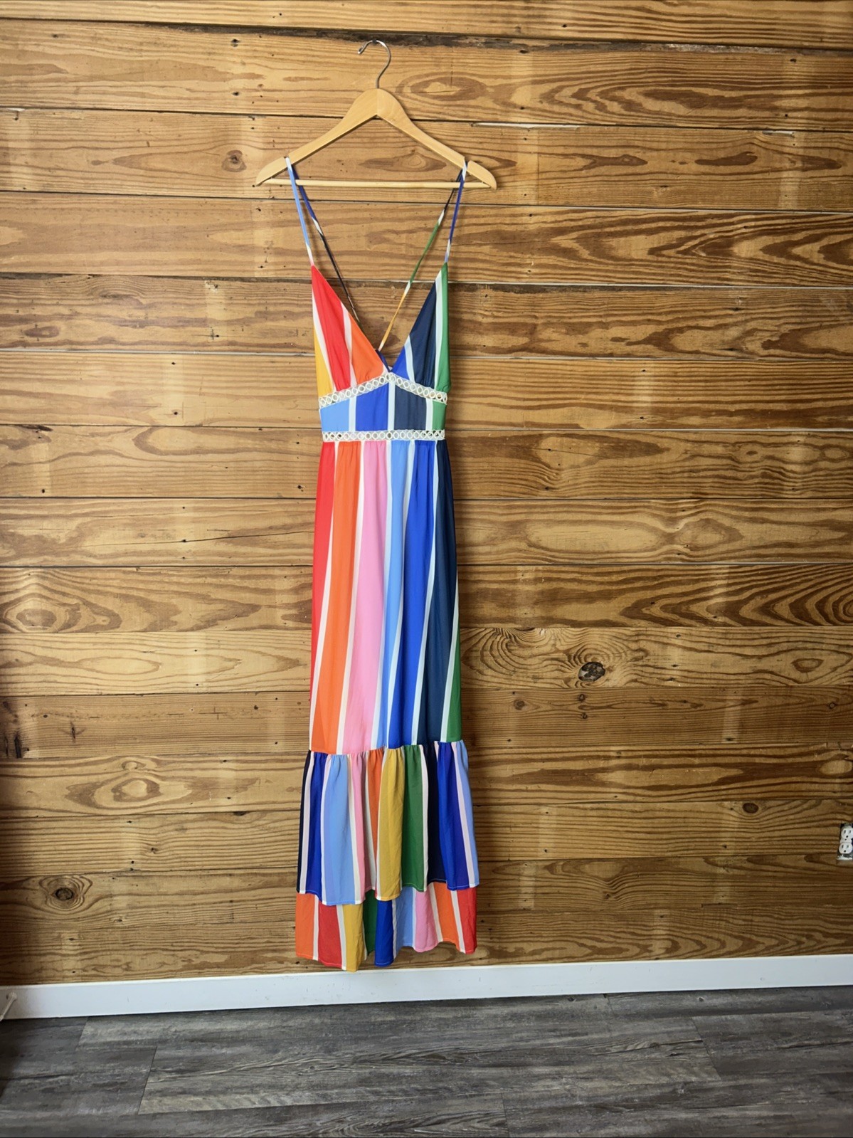 a calin flying tomato dress Crocheted Waist Striped Tie In The Back Maxi Dress L
