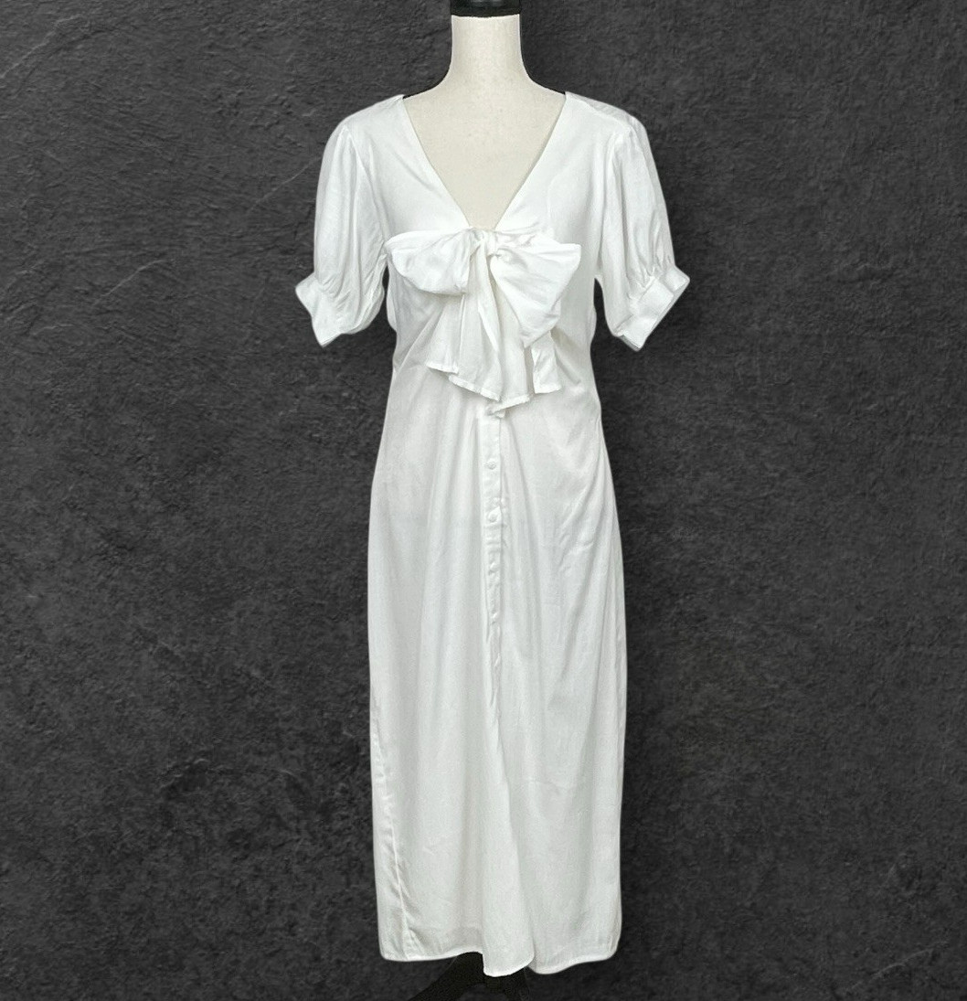 Lucca Romantic Coastal Bow Tie Button Front Dress Size L Soft Girl Puff Sleeve