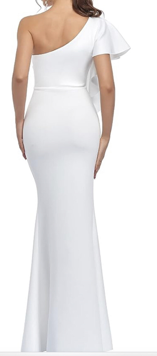 Ababalaya One Shoulder Ruffled Long White Cocktail Dress Slid Medium New NWT