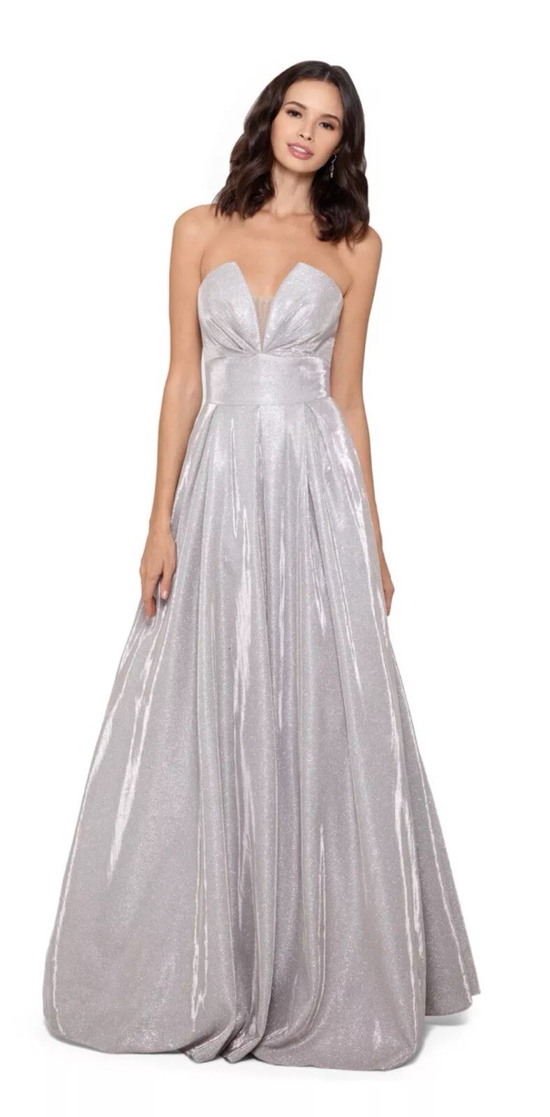 BETSY & ADAM Strapless Shimmer Champagne Silver Long Formal Prom Wedding Dress 6