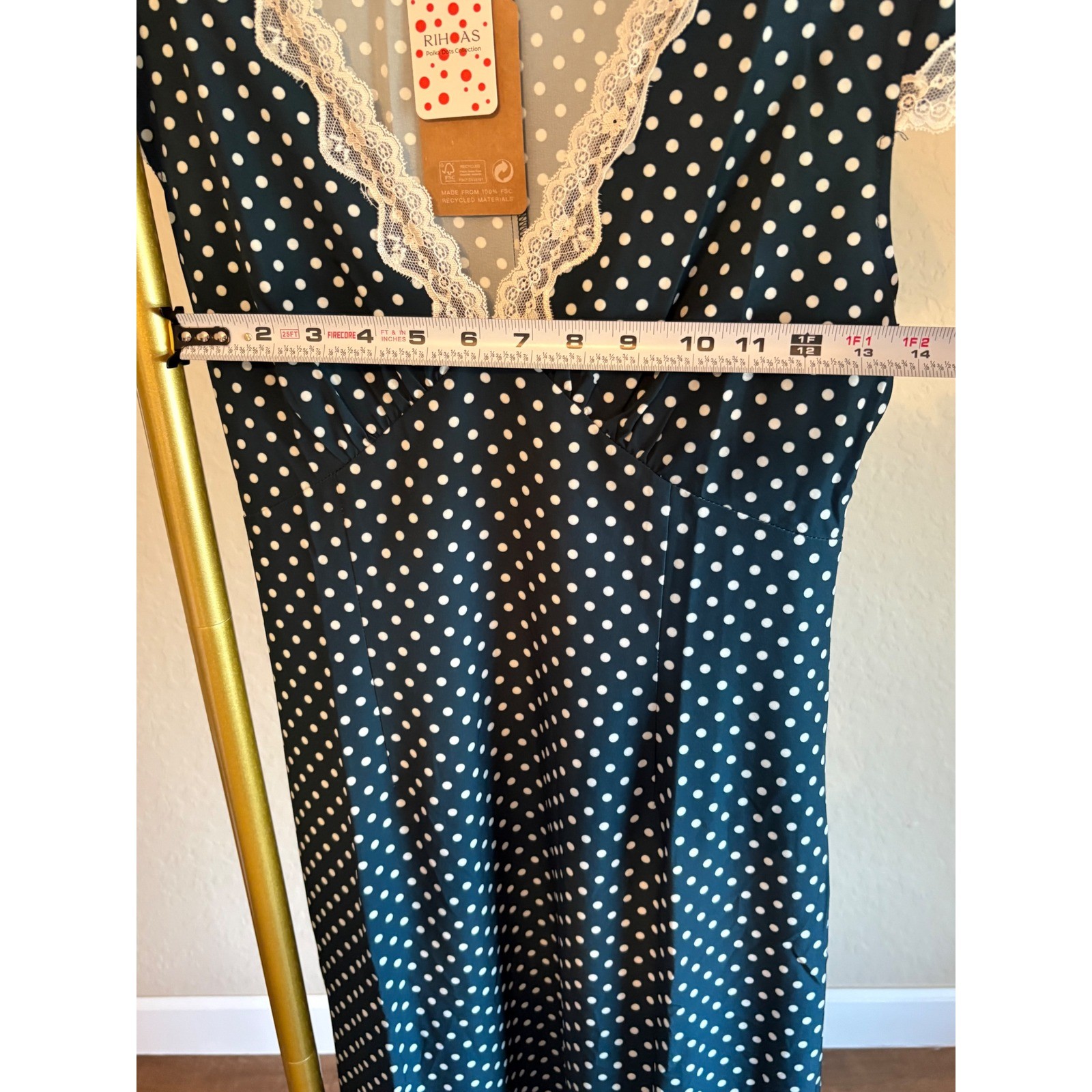 RIHOAS Maxi Dress NWT Green Polka Dot Lace Trim V-Neck Size L Retro Coquette