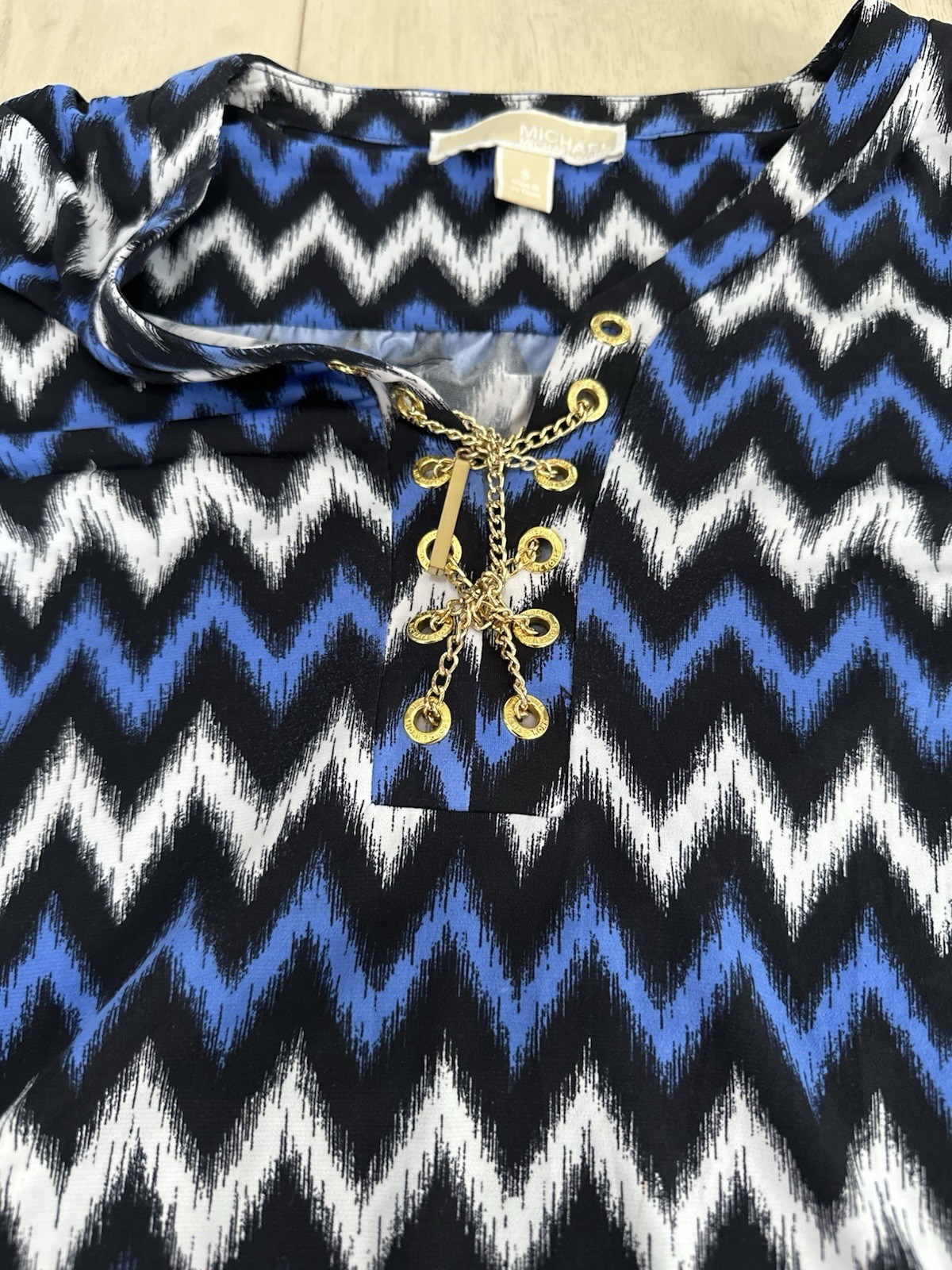 Michael Kors Chevron Lace Up Shift Dress Blue Black White Chain Accent V-Neck S