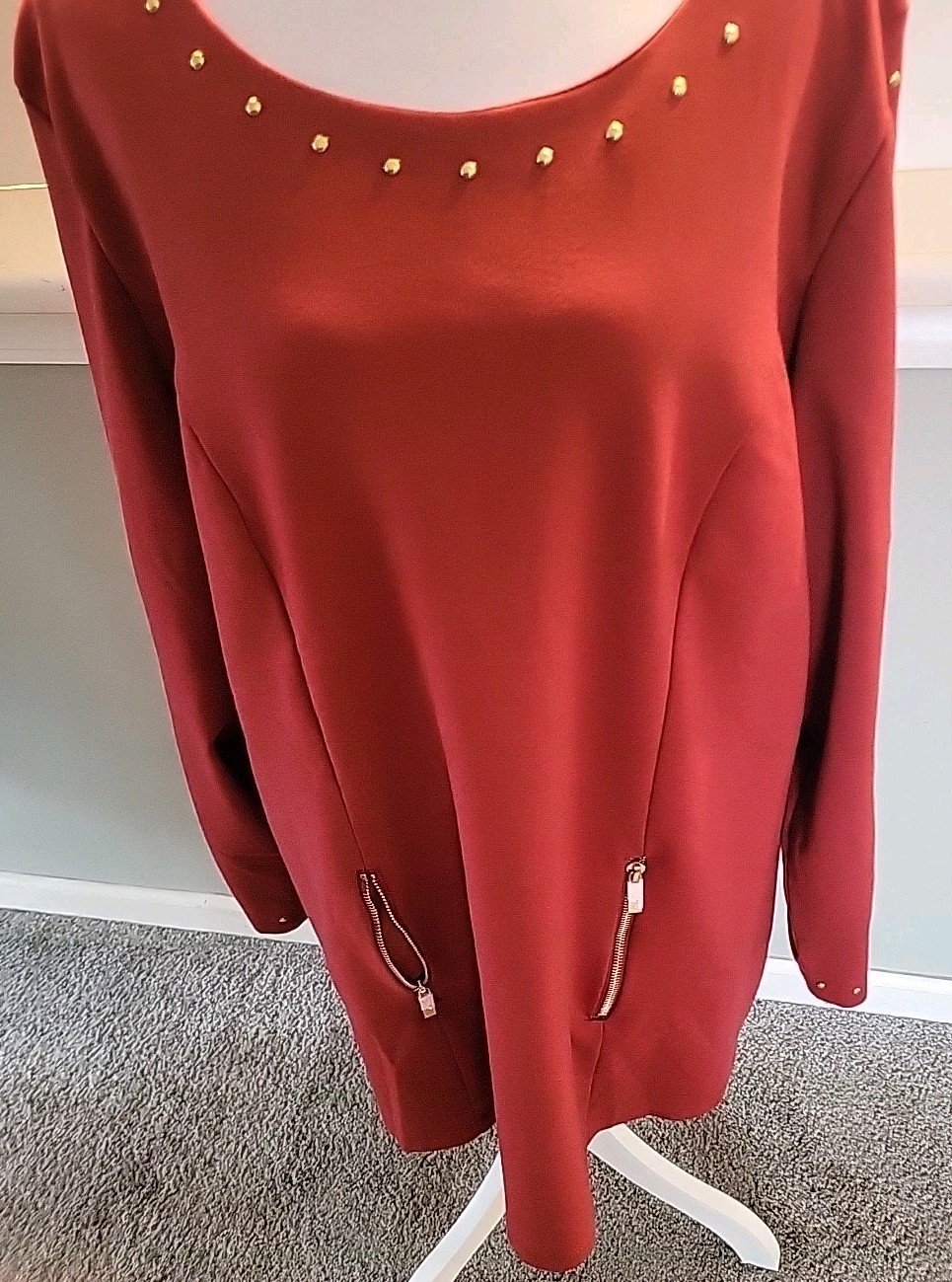 PLUS SIZE 2xl K.Jordan Brick Red Mini Dress/Tunic Long Sleeve Gold Studded
