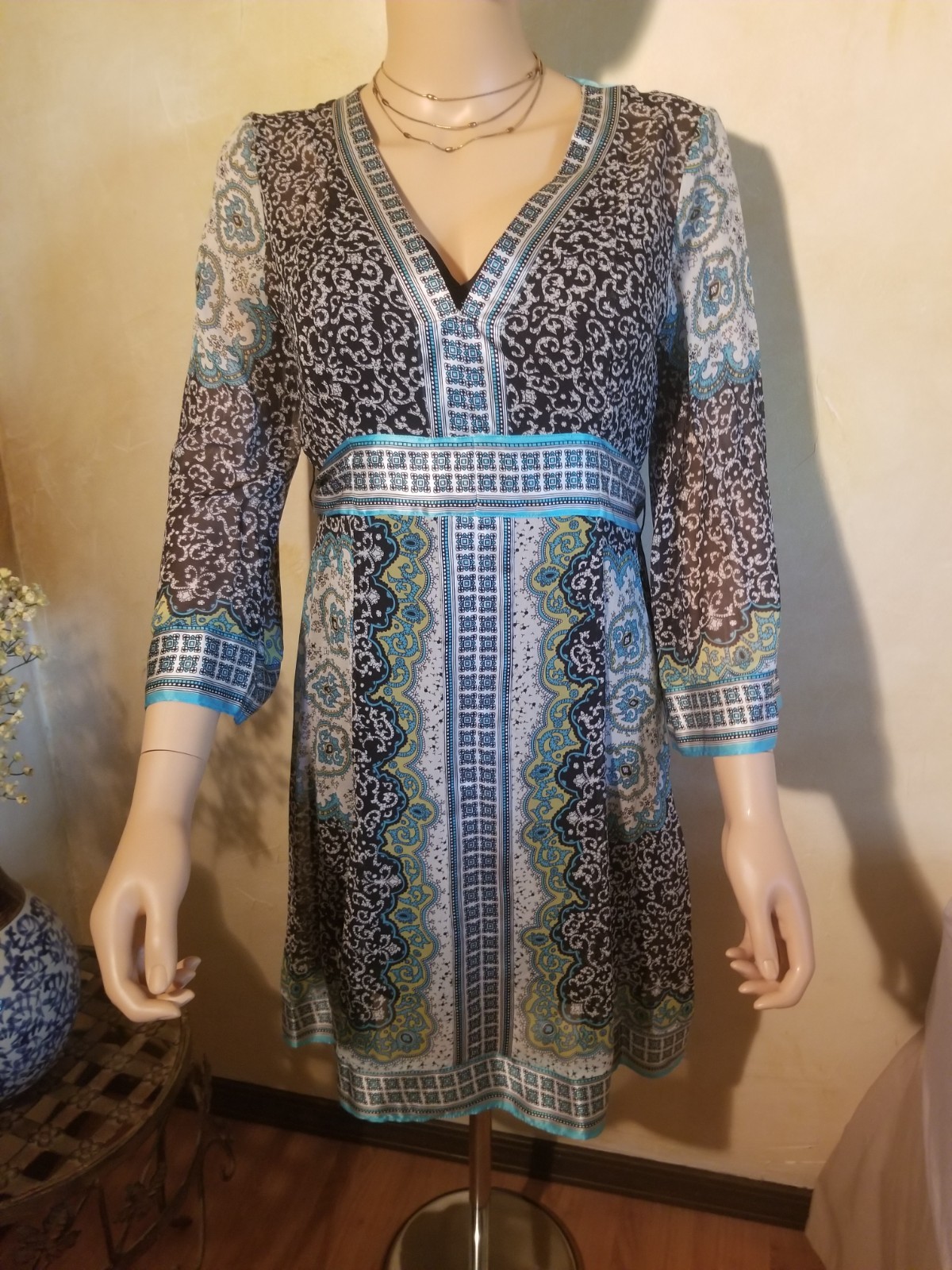 INC WHIMSICAL BOHO BLACK & BLUE KIMONO SATIN DRESS SZ 6