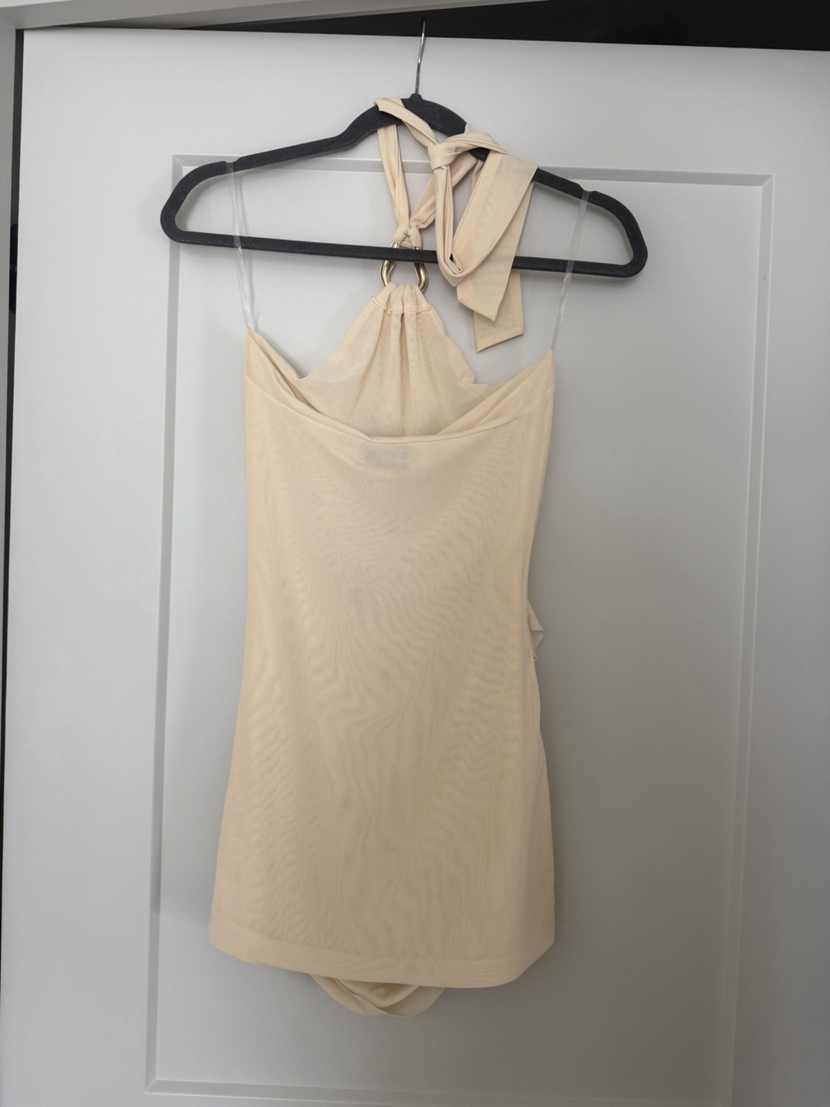Peppermayo S Beige Halter Ruched Mesh Bodycon Mini Dress Sleeveless