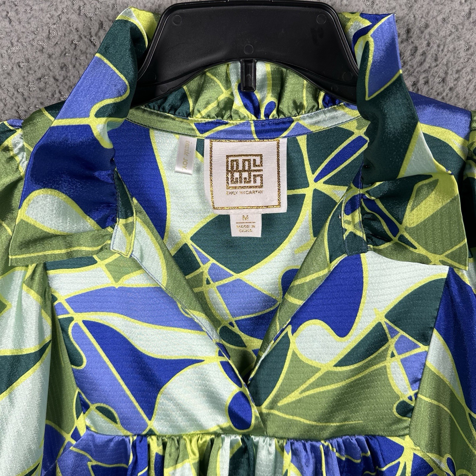 Emily McCarthy M Green Blue Ruffle Collar Blouson Sleeves Dress Flowy Artsy Boho