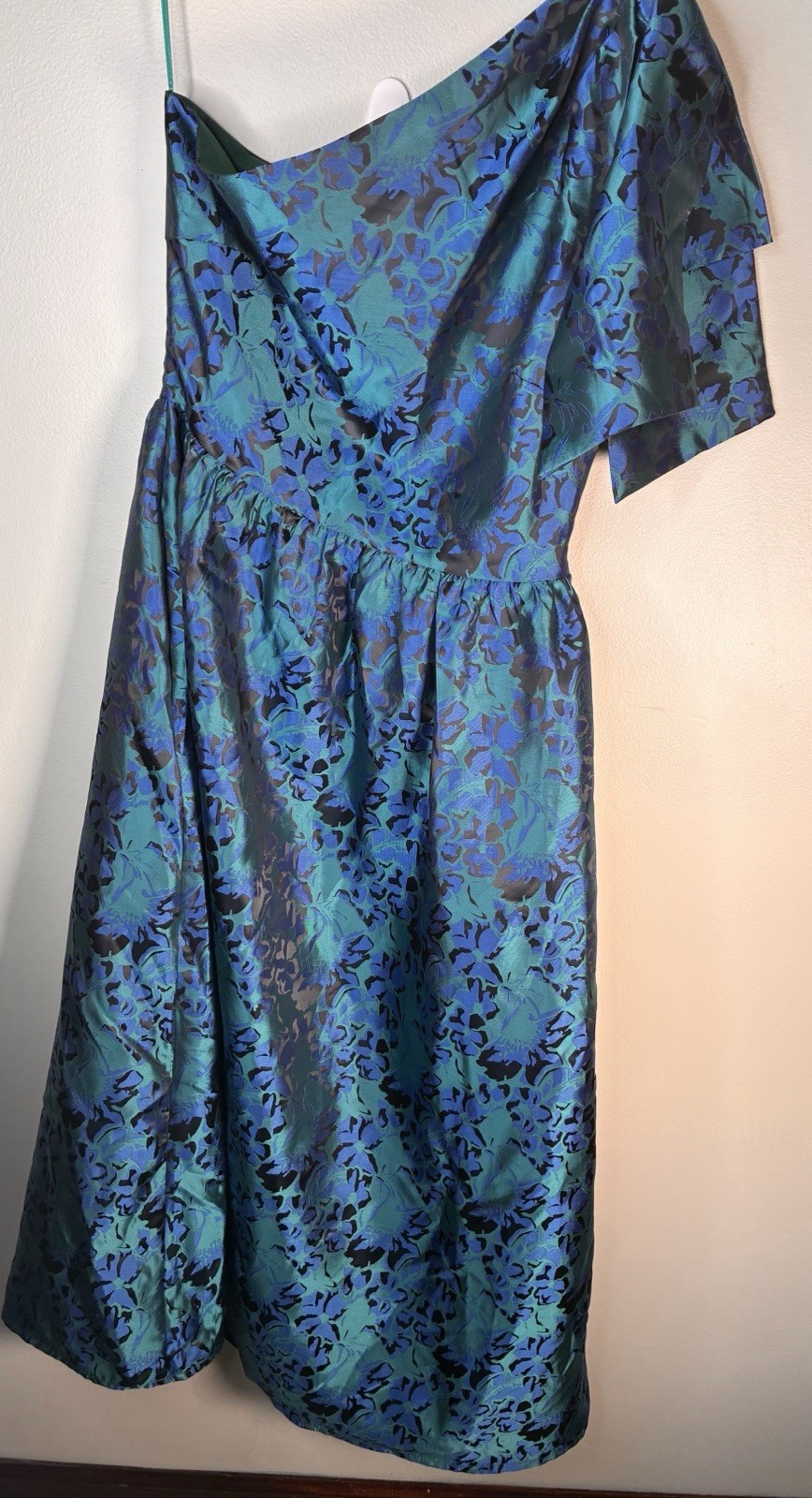 Sugarlips Blue Green Black Floral One Shoulder Satin Midi A-Line Dress S