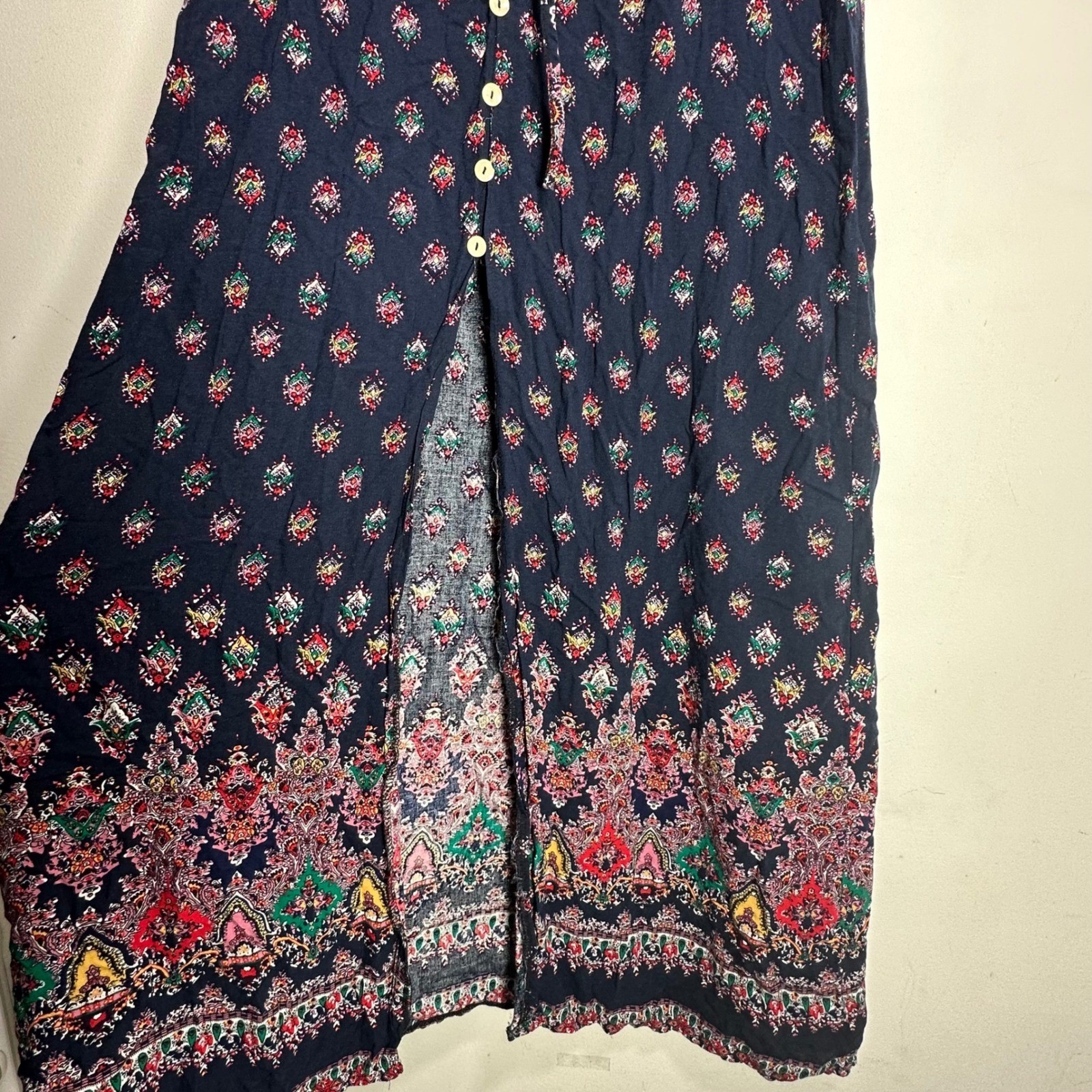 Bohemian Paisley Medallion Button Front Maxi Dress Navy Blue Red Women Large