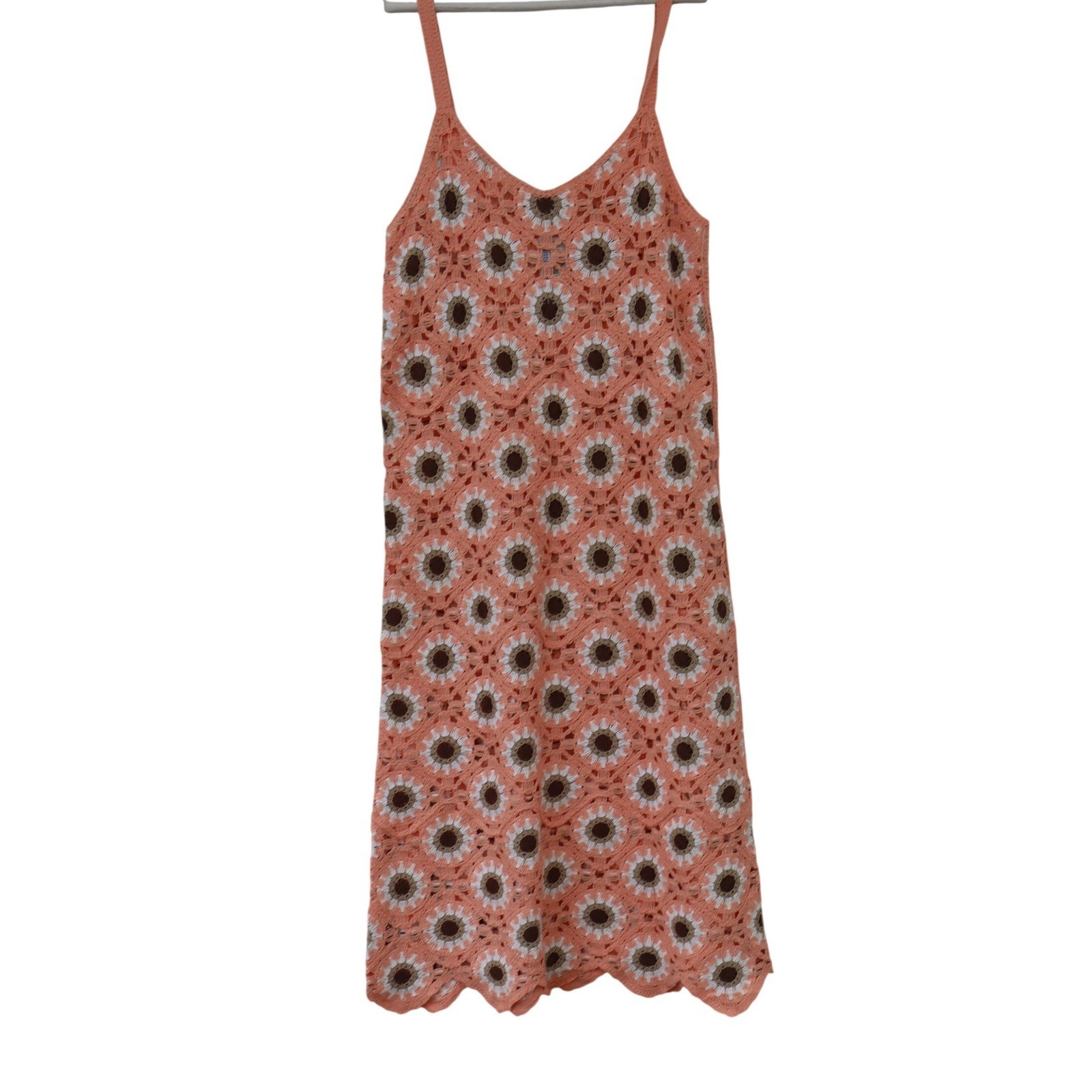India Boutique Coral Pink Crochet Sunflower Women Square Maxi Dress NWT Boho OS