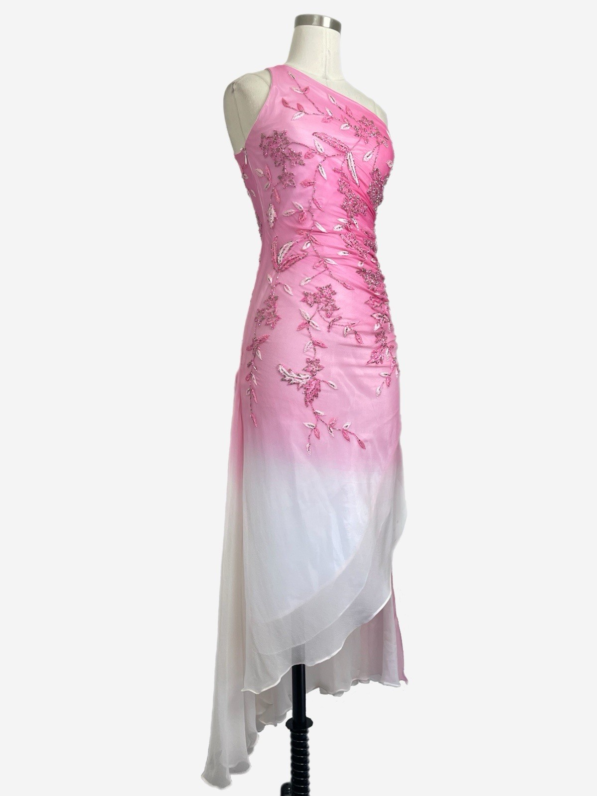 Vintage Y2K Cache Pink white silk ombre floral beaded asymmetric dress fairy XS