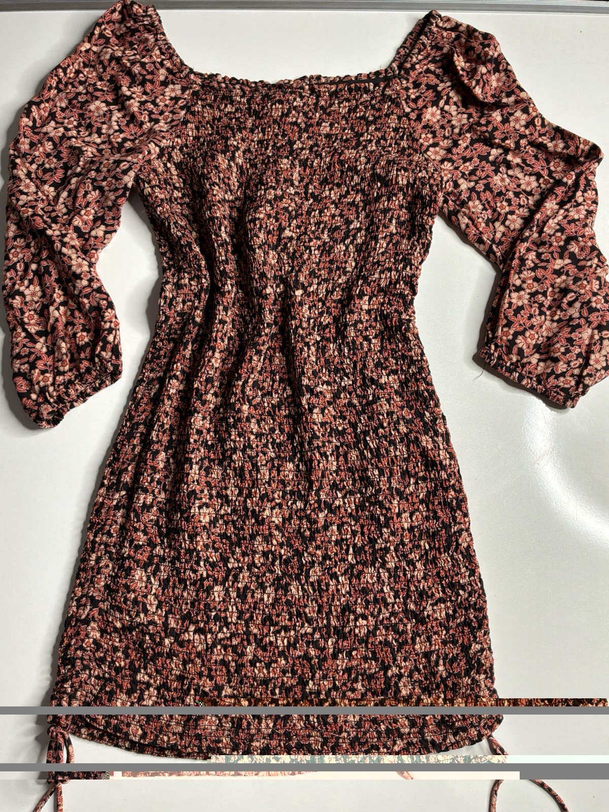 Jessica Simpson Black/Red/Beige Floral Smocked Square Neck Puff Sleeve Dress M