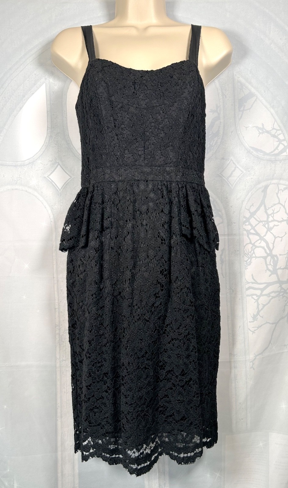 Whistles gothic black lace overlay sleeveless corset-style peplum waist dress, 8