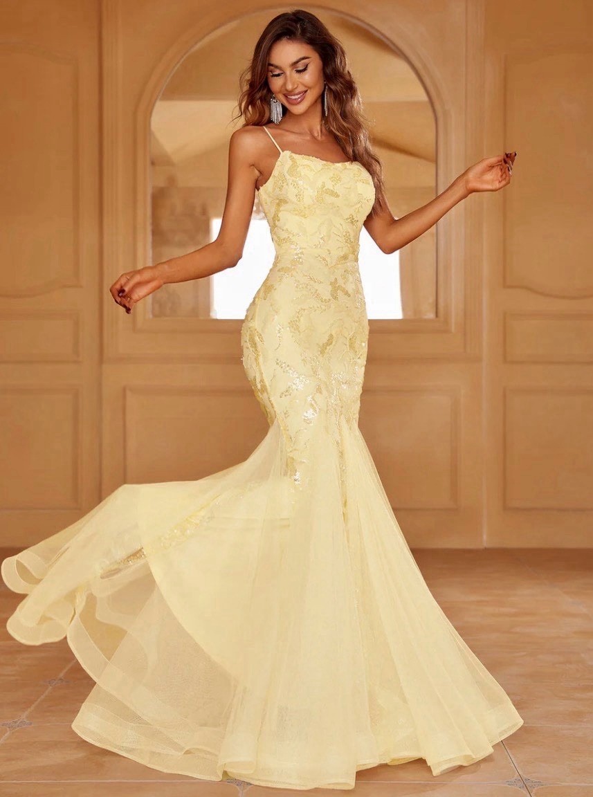 NWOT FAERIESTY M Yellow Spaghetti Strap Lace Up Backless Sequin Mermaid Dress