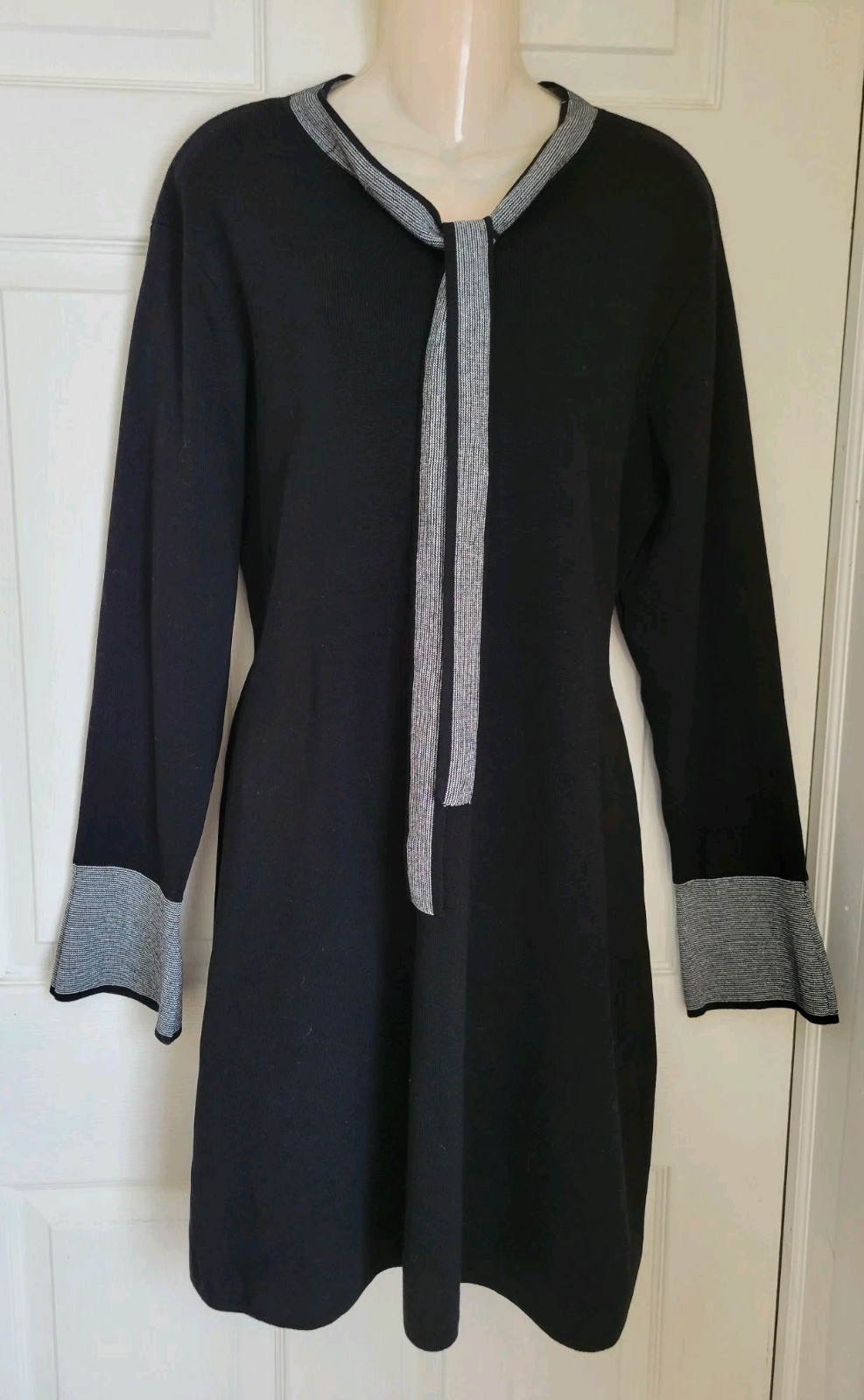 Nanette Lepore Black Knit Dress with Silver Tinsel Collar and Front Tie Size XL