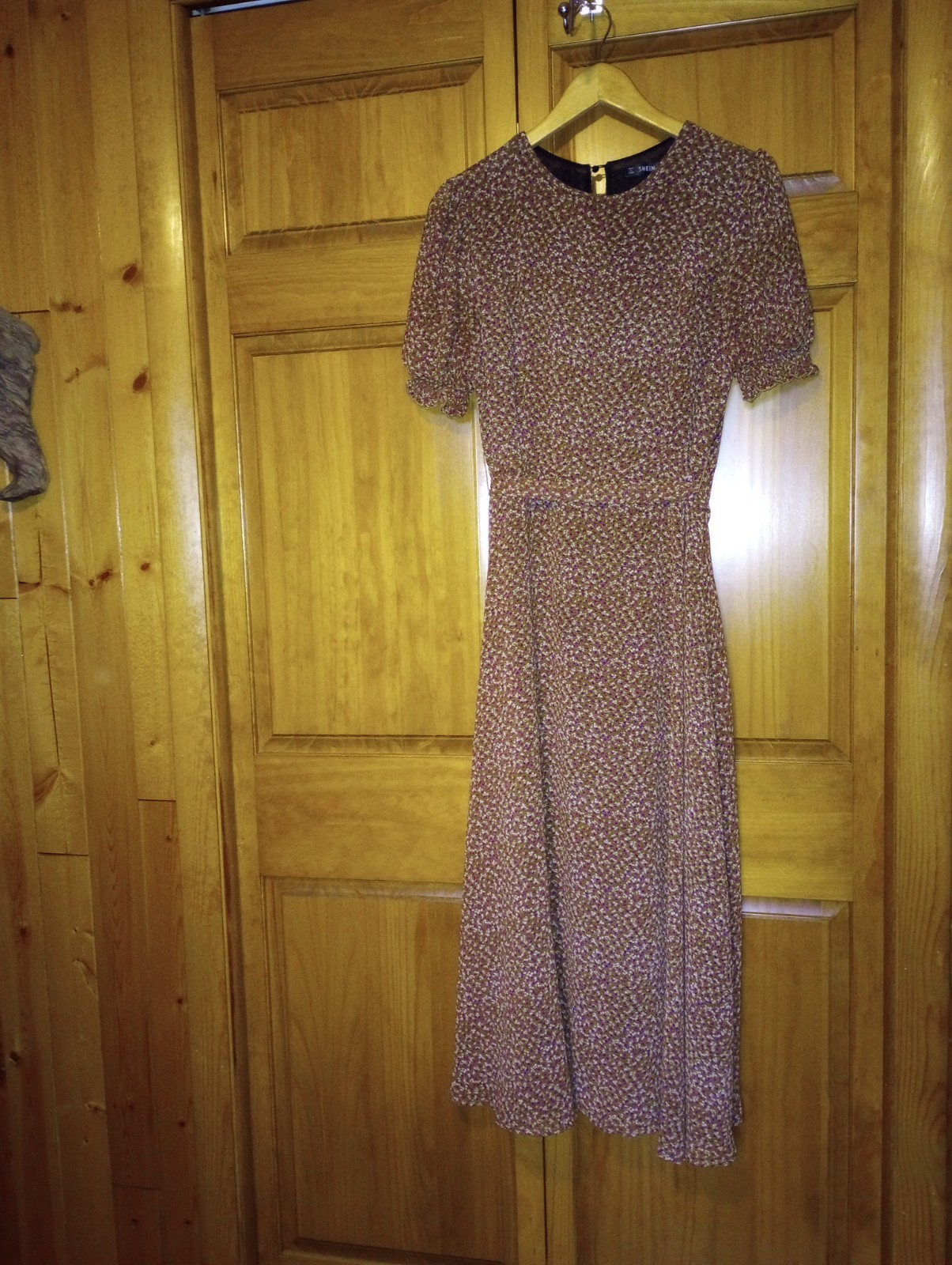 Calico Prairie Dress Brown Sz Large Boho Midi puff sleeve lined belt zip keyhole