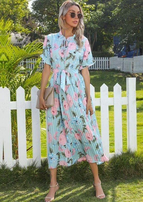 Ruffle Neck Pleated Dress