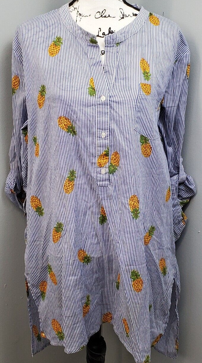 Violet Sky Shirt Dress Women’s XL Blue Multi Pineapple Pinstripe Roll Tab Sleeve