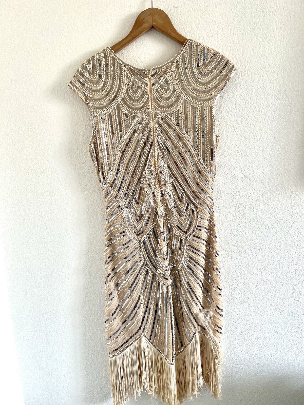 Womens Beige Beaded Sequin Fringe Mesh Sheath Cap Sleeve Zip Dress Size L