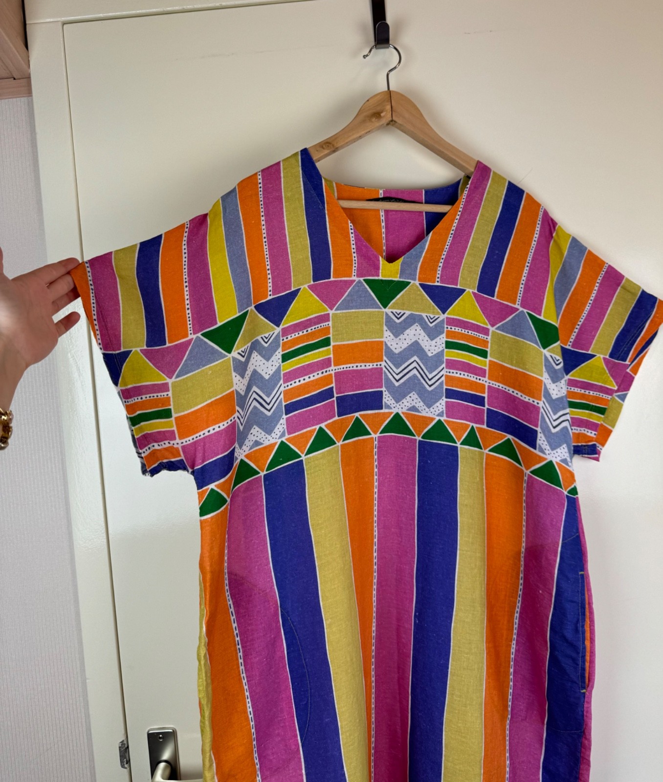 GUDRUN SJODEN Linen Multicolor Cheerful Dress Kaftan Ikat Geometric Sundress L