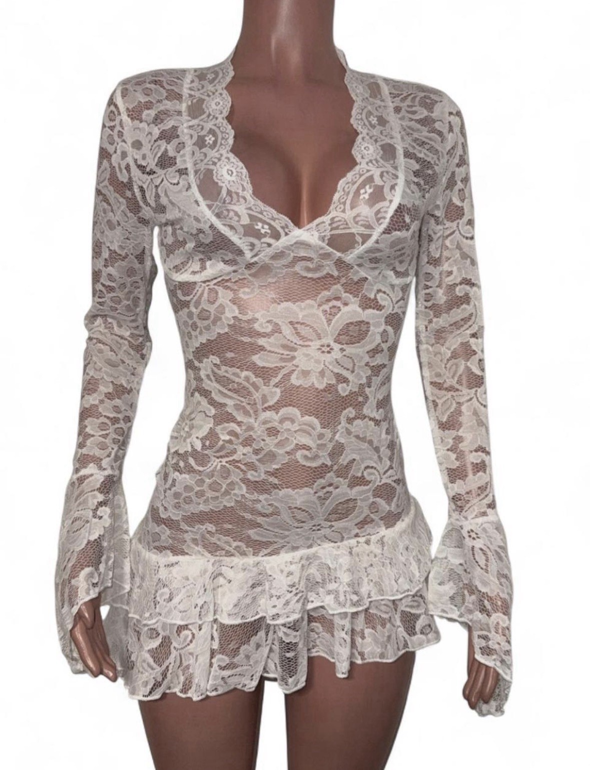 Fairy White Lace Ruffled Micro Mini Dress M Festival Going Out See Thru Beachy
