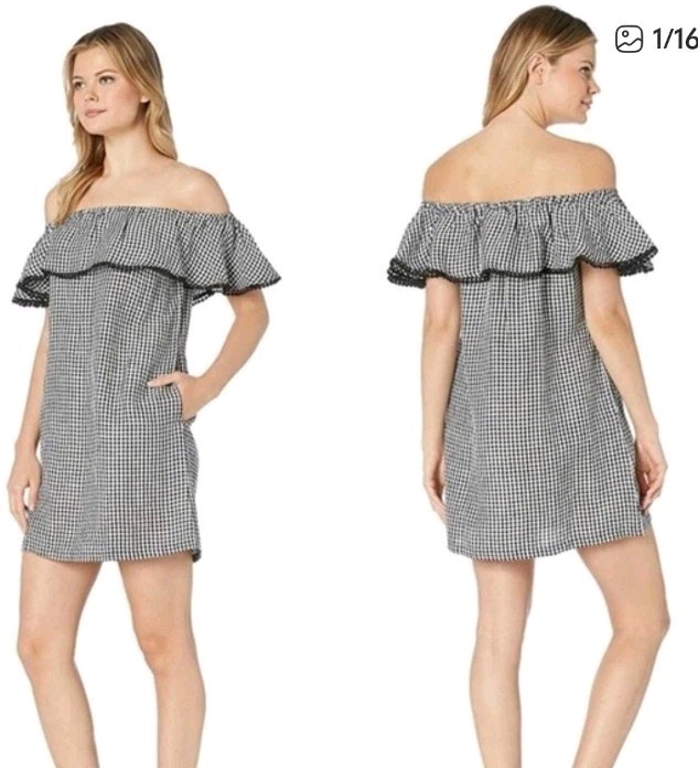 Tommy Bahama Off-Shoulder Gingham Dress Women’s Medium Linen Blend Black White