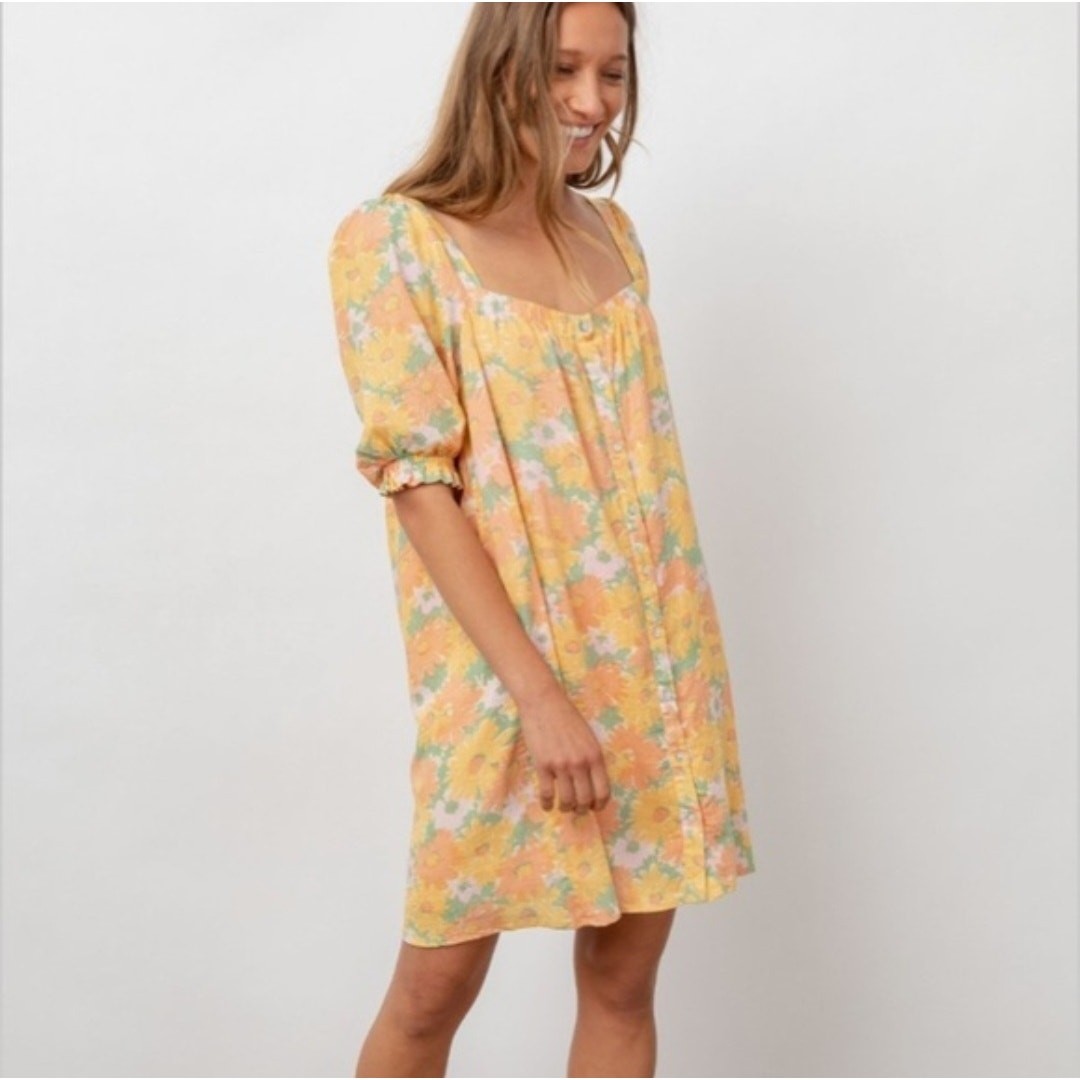 Rails Women’s Orange Yellow Isa Daisy Meadow Linen Mini Dress Size Small