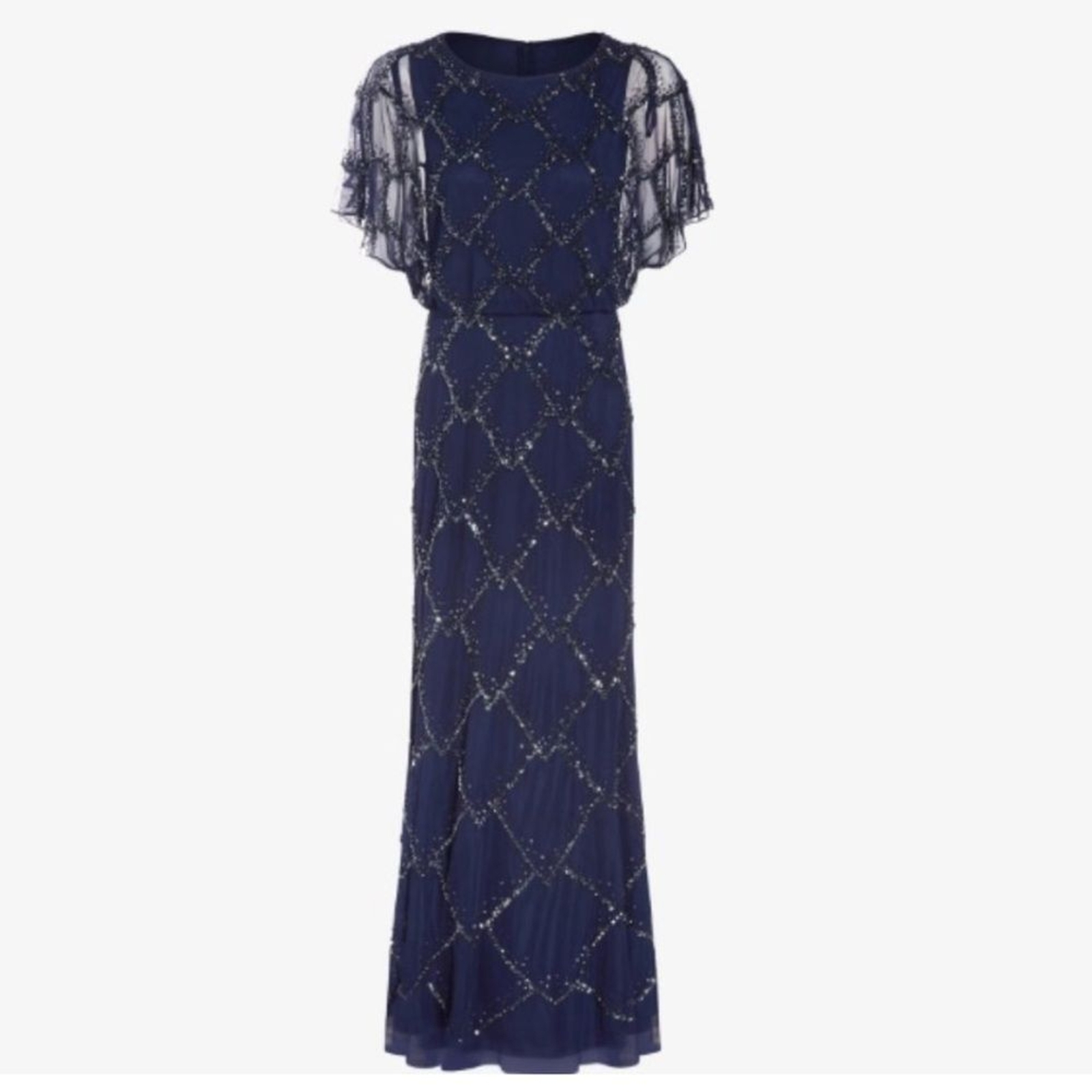 NWT Adrianna Papell | Hand Beaded Blouson Long Gown Flutter Sleeves Navy Blue 2