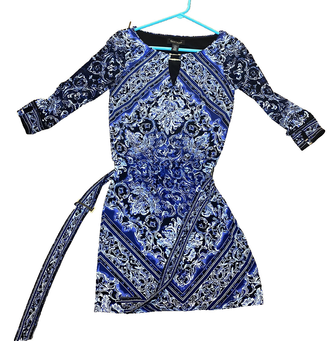 White House Black Market Blue/Black Floral Keyhole Neck Belted Dress Size XXS