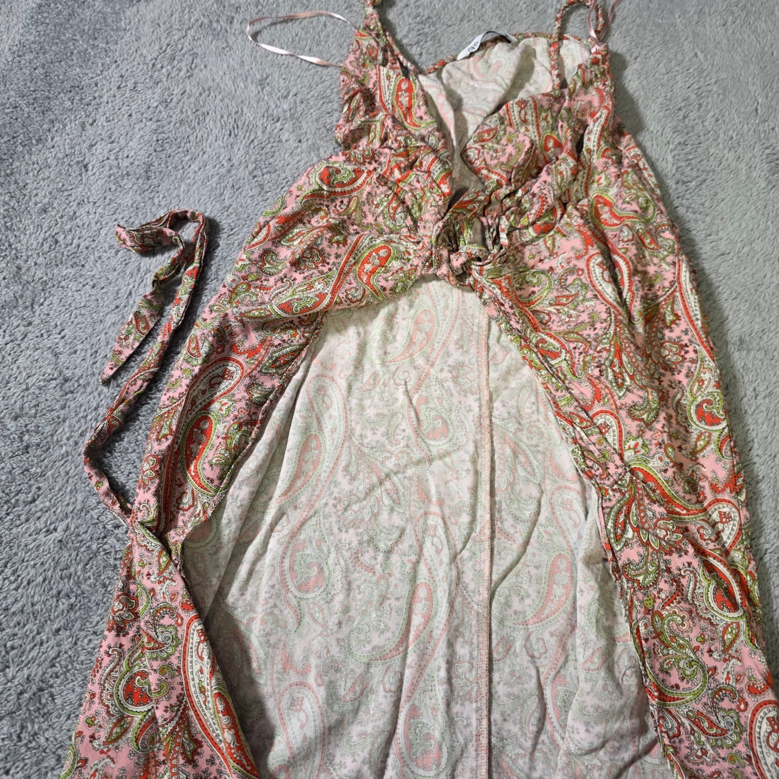 Zara Womens S Pink Paisley Maxi Dress Boho Tie Front Wood Beads 8514/154/330