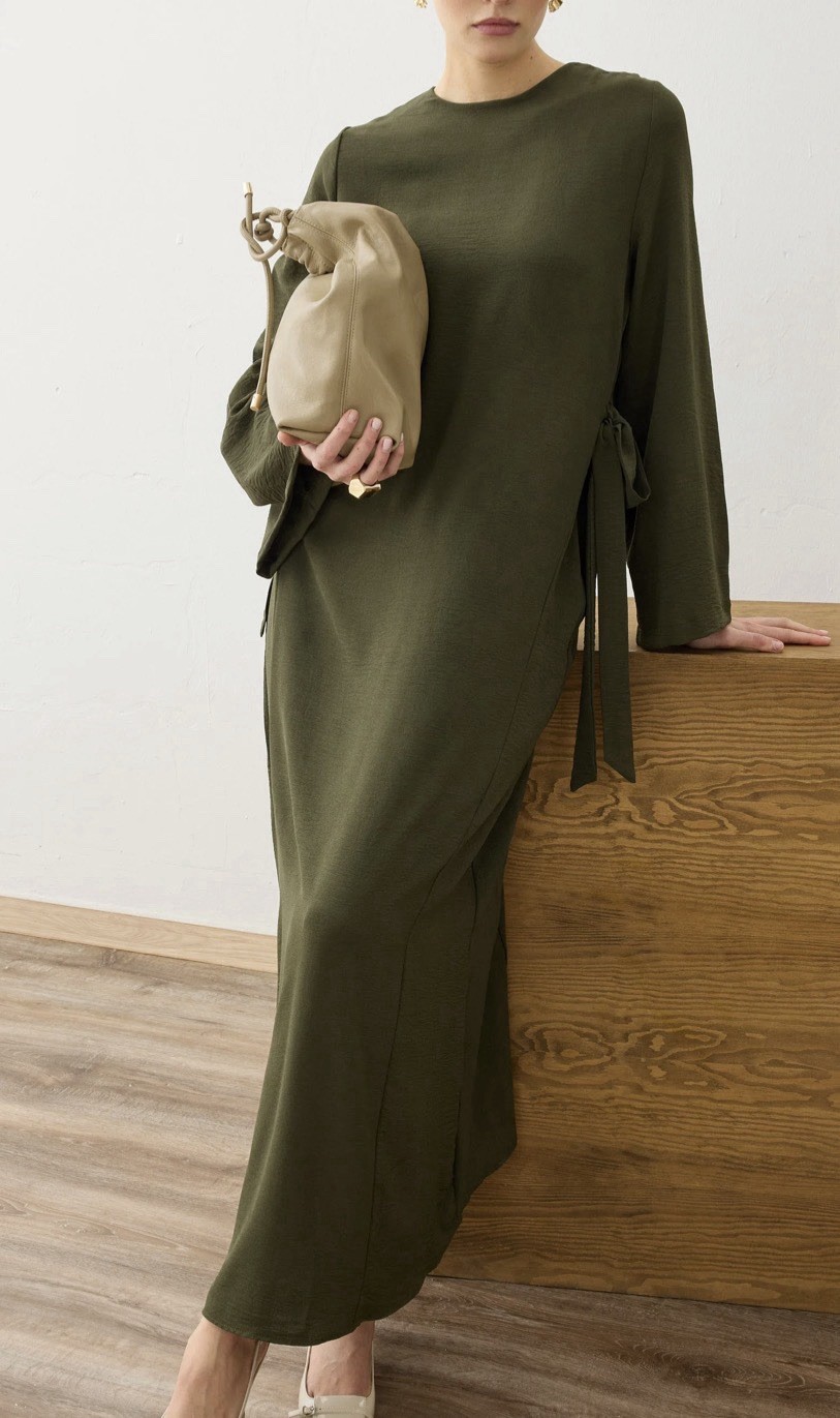 Modanisa Refka Side Tie Modest Dress Size 8 Khaki Green NWT Long Sleeve Flowy