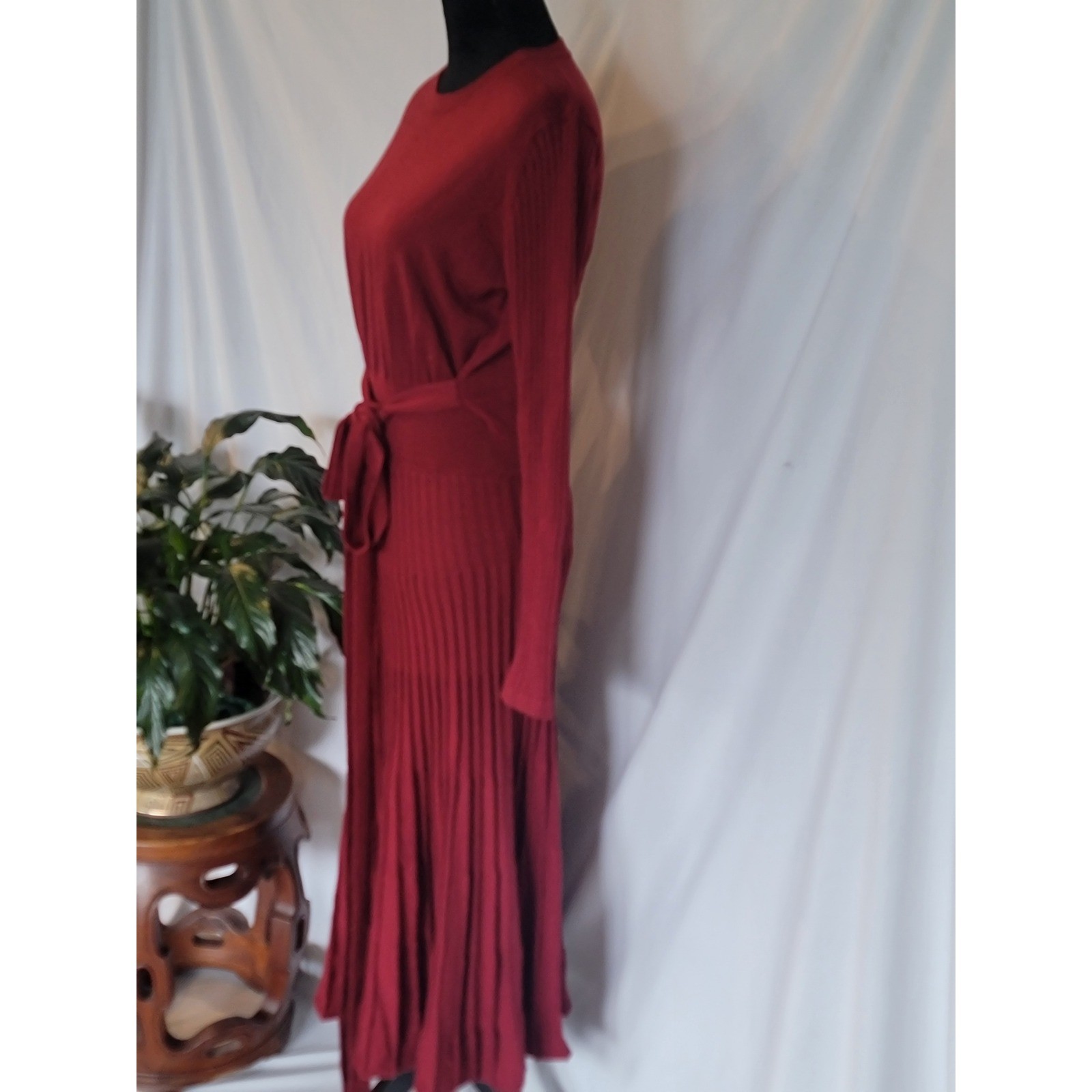 Fincati Cashmere Wool Blend Belted Ribbed Sweater Dress Burgundy Red Large