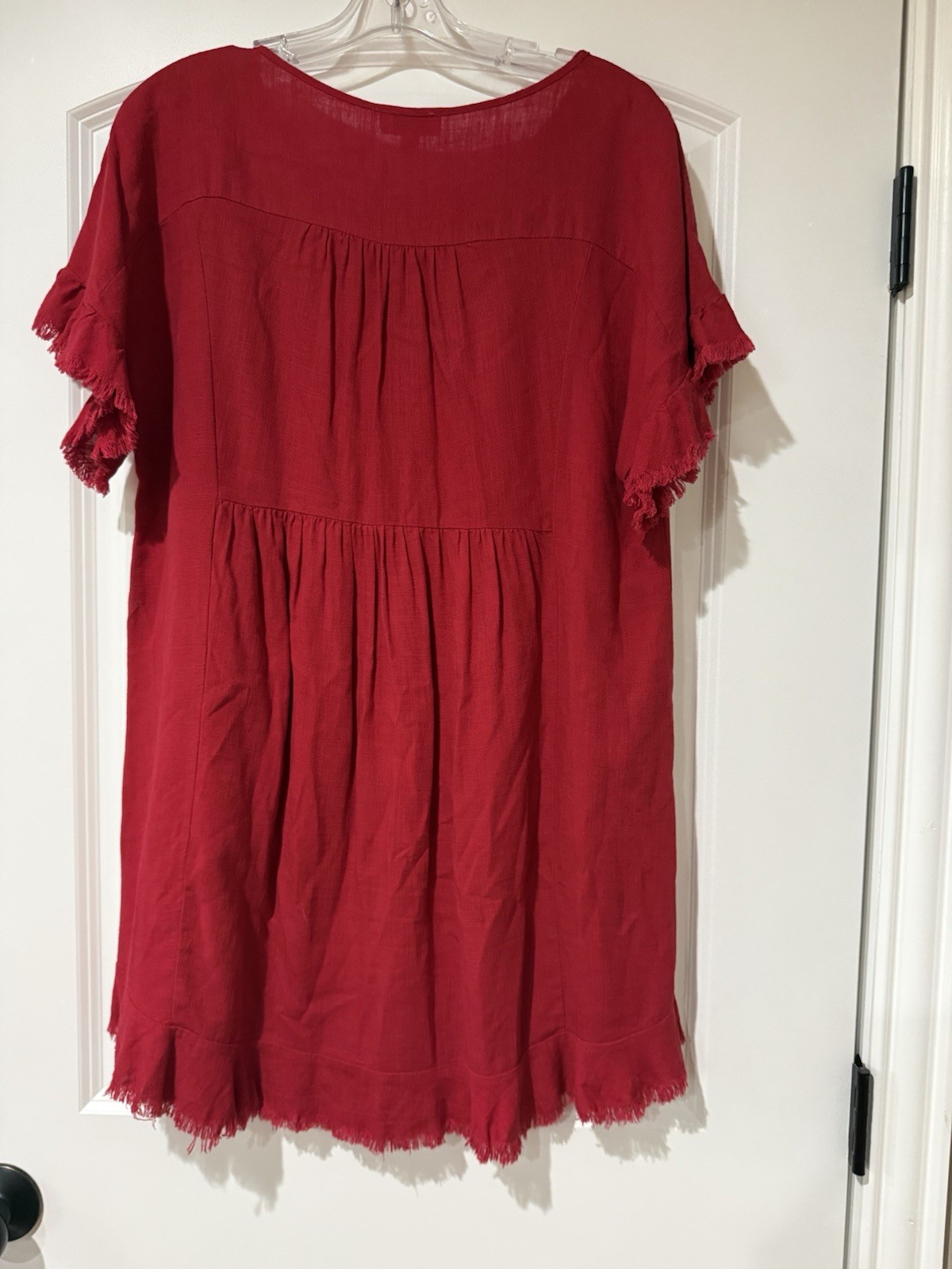 Umgee Red Linen Rayon Shift Dress Fringe Trim Pockets Flutter Sleeve S