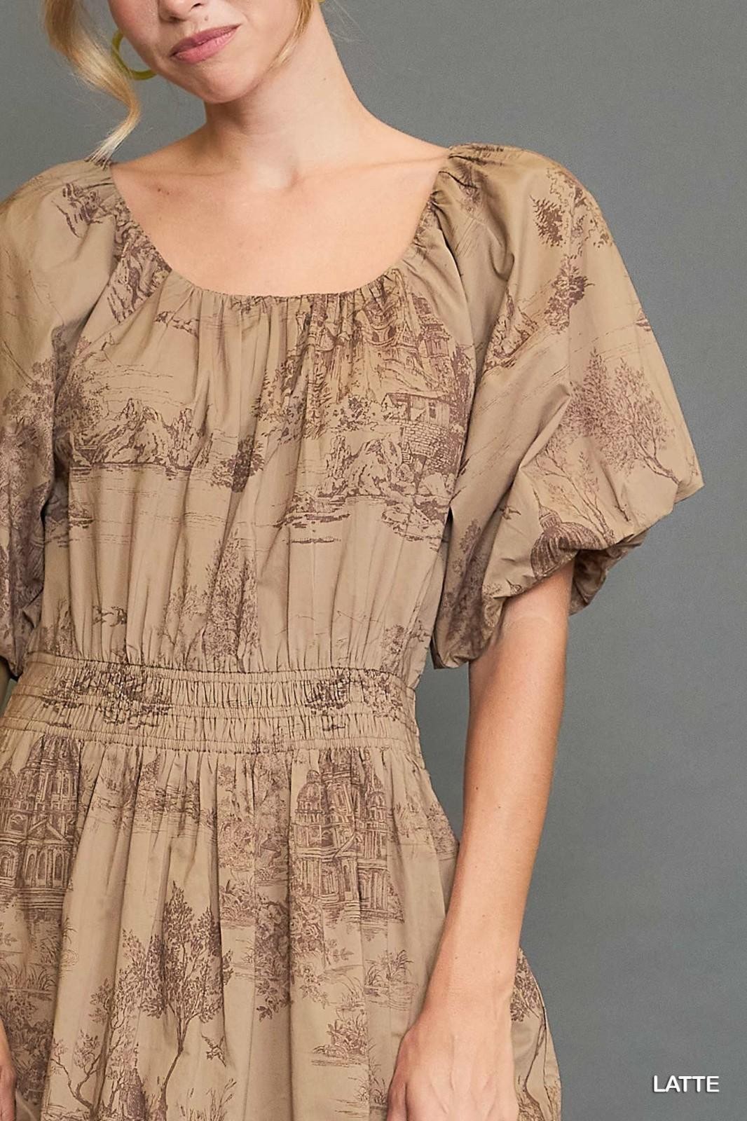 Umgee Latte Landscape Print Pleated Cotton Puff Sleeved Midi Dress