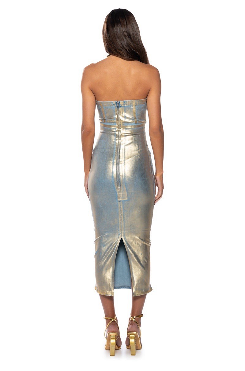 AKIRA Label Im Gold Denim Coated Midi Dress Back Zip Women’s Size L Multi