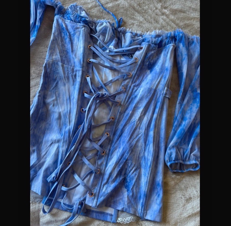 Savage X Fenty Blue Sheer Mesh Off Shoulder Lace-Up Mini Dress M