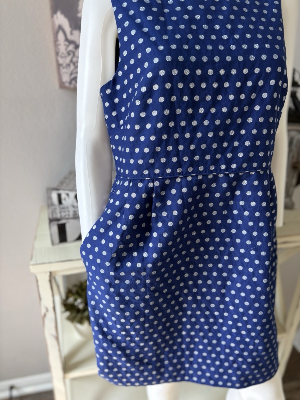 J.CREW Blue White Polka Dot Square Neck Sleeveless Shift Knee Dress Lined 12