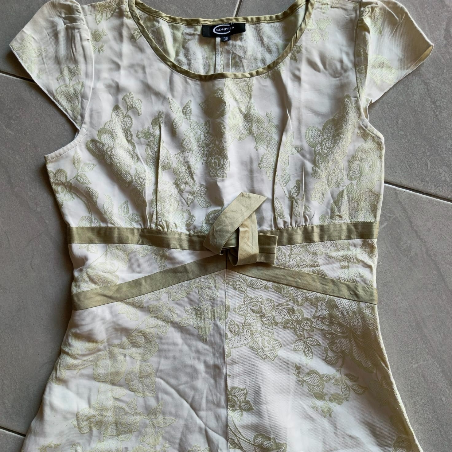 Vintage COMPELA Floral Jacquard Midi Dress Sage Green Bow Accent Flare Line