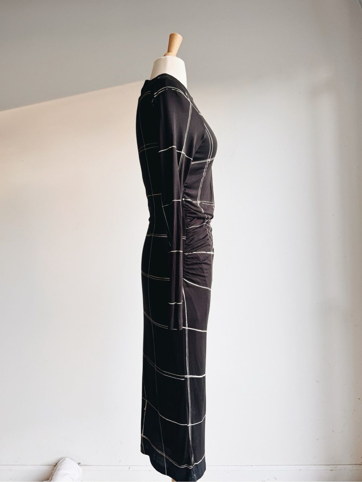 HUGO BOSS Esetta Windowpane Ruched Midi Dress | Black & White Stretch Knit | S