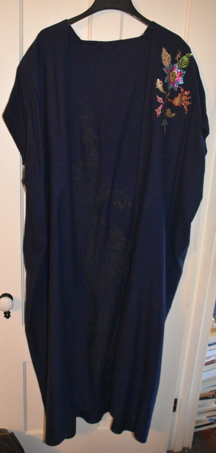 Custom Exotic Dark Blue Navy Full Length Contrast Painted, Sequined Robe Caftan