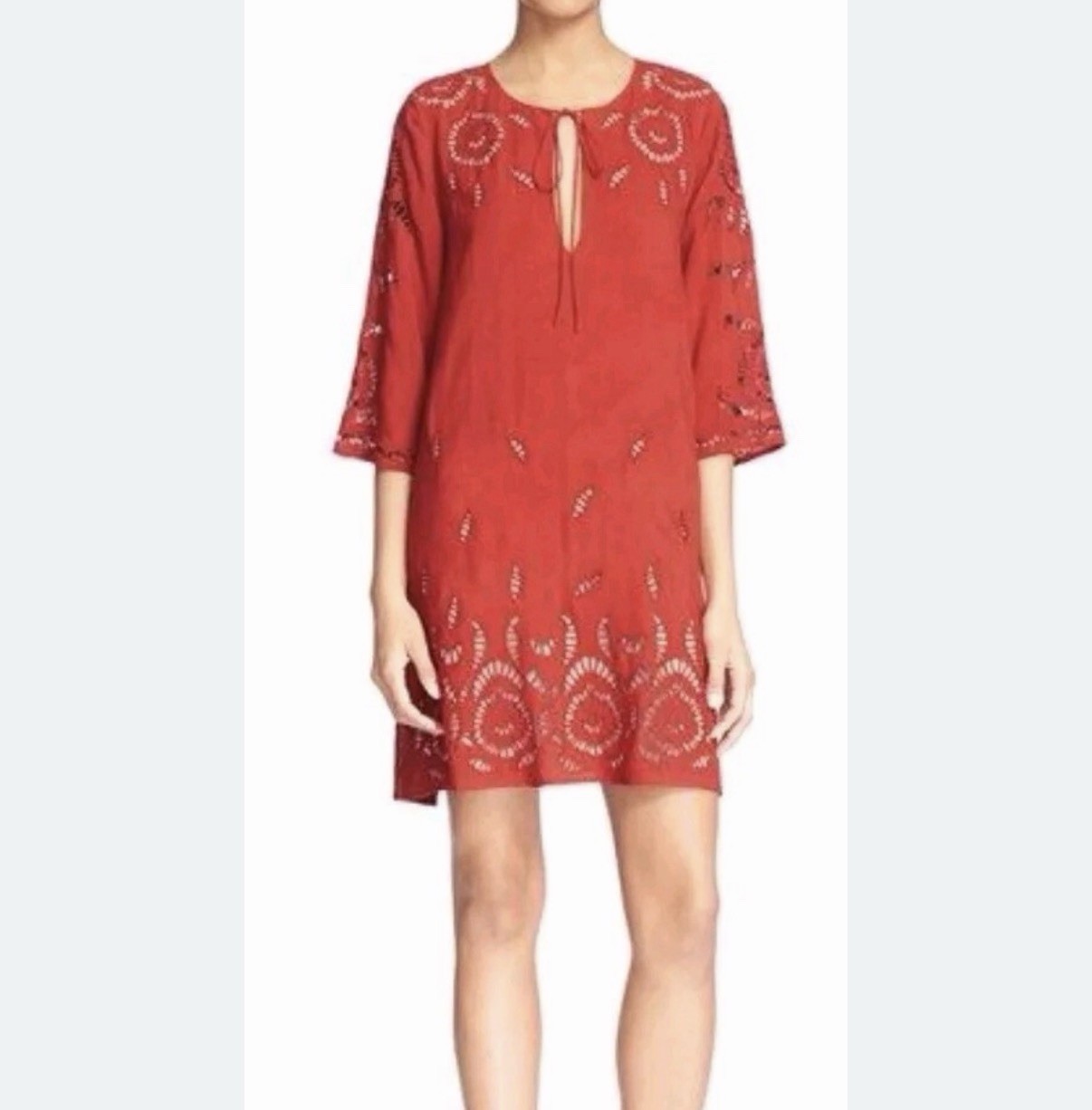 Alice & Olivia Morgana Red Eyelet Shift Shirt Dress Small Viscose